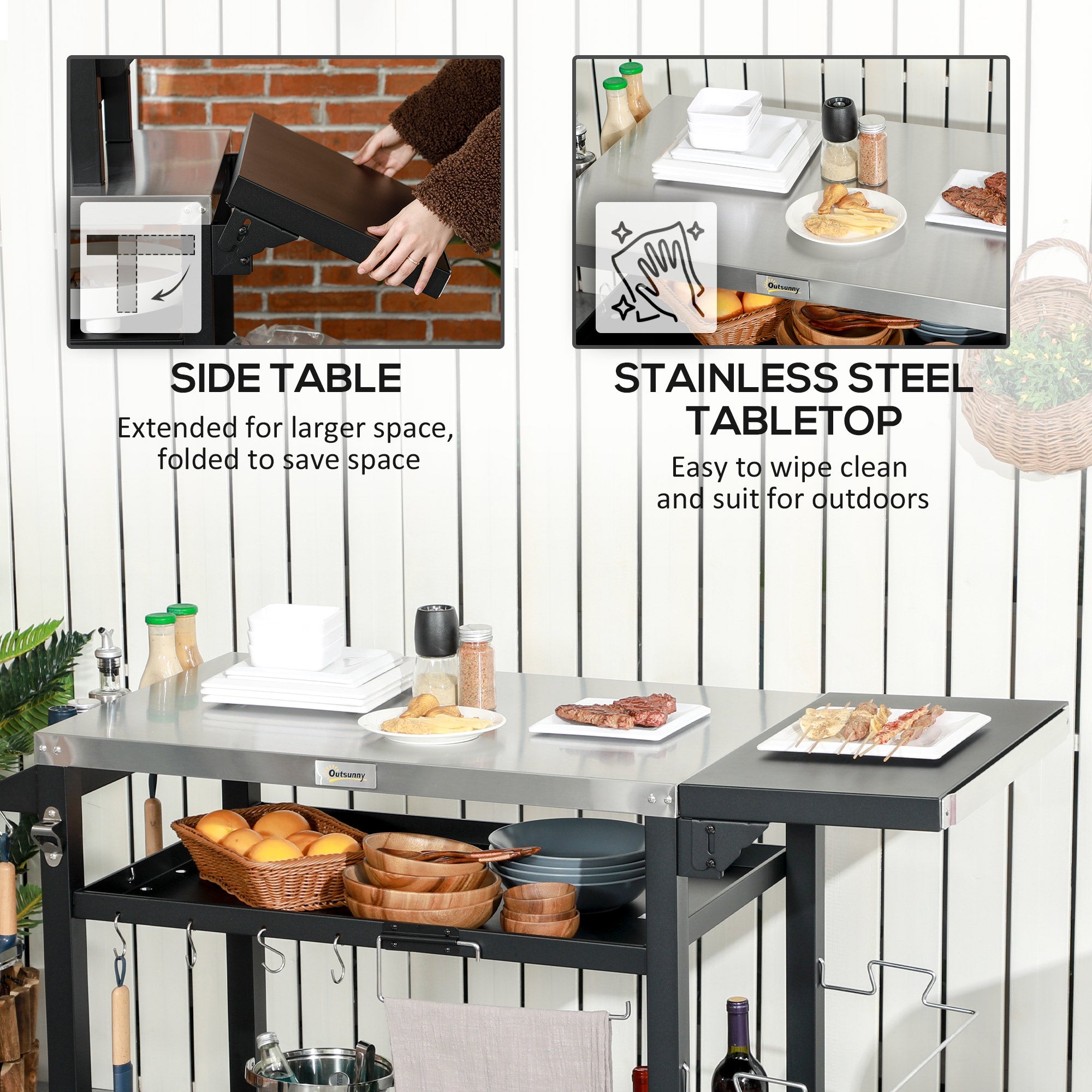 Outsunny Outdoor Grill Cart Table 3-Shelf, Foldable Side Table, Stainless Steel Top, Pizza Oven Stand, Mobile Kitchen Station