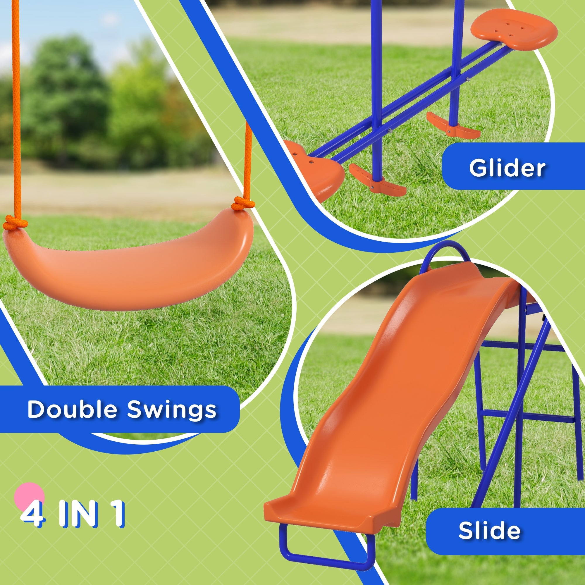 Outsunny 4 in 1 Colorful Metal Swing Set with Double Swings, Glider, Slide, Ladder for Fun Backyard Play
