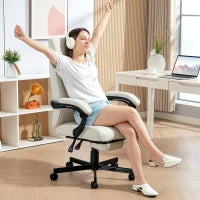 Office Chair, High Back Desk Chair, Swivel Recliner with Adjustable Height, Footrest and Padded Armrest, Cream White