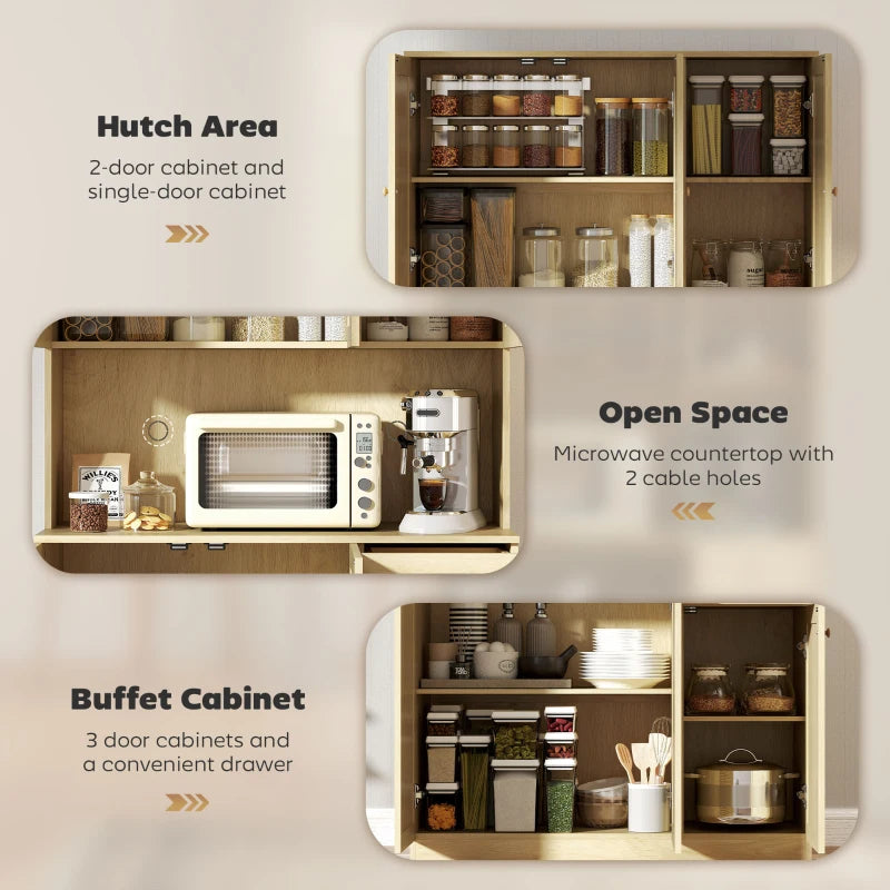 Kitchen Hutch with Microwave Countertop, 71" Boho Kitchen Pantry Cabinet with Decorative Rattan Doors, Natural