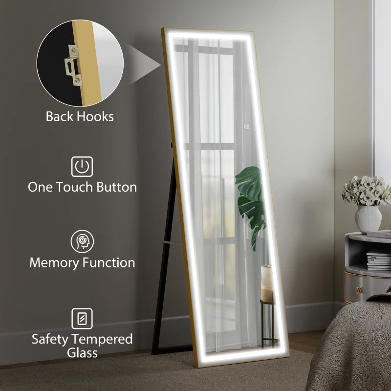 LED Mirror with Dimmable and 3 Colour Lights, 64" x 21" Rectangular Floor Mirror for Bedroom Living Room, Gold