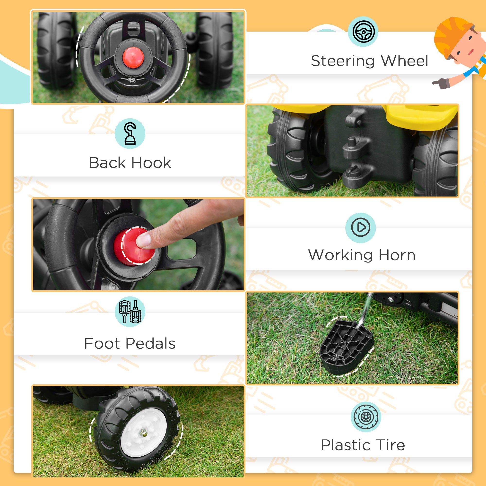 Aosom Kids Ride on Excavator, Pedal Excavator Ride on Toy, Pretend Play Ride on Tractor for Kids & Toddlers, Yellow