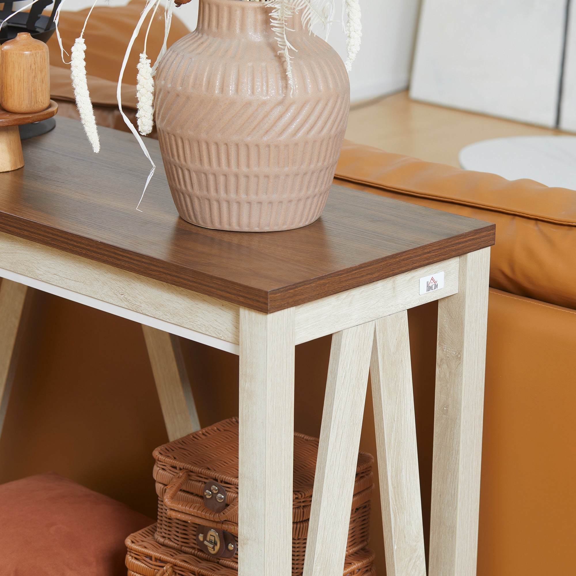 HOMCOM Farmhouse Console Table: Rustic Sofa Table with Storage Shelf & Anti-Tipping Design, Living Room/Bedroom/Entryway, Oak