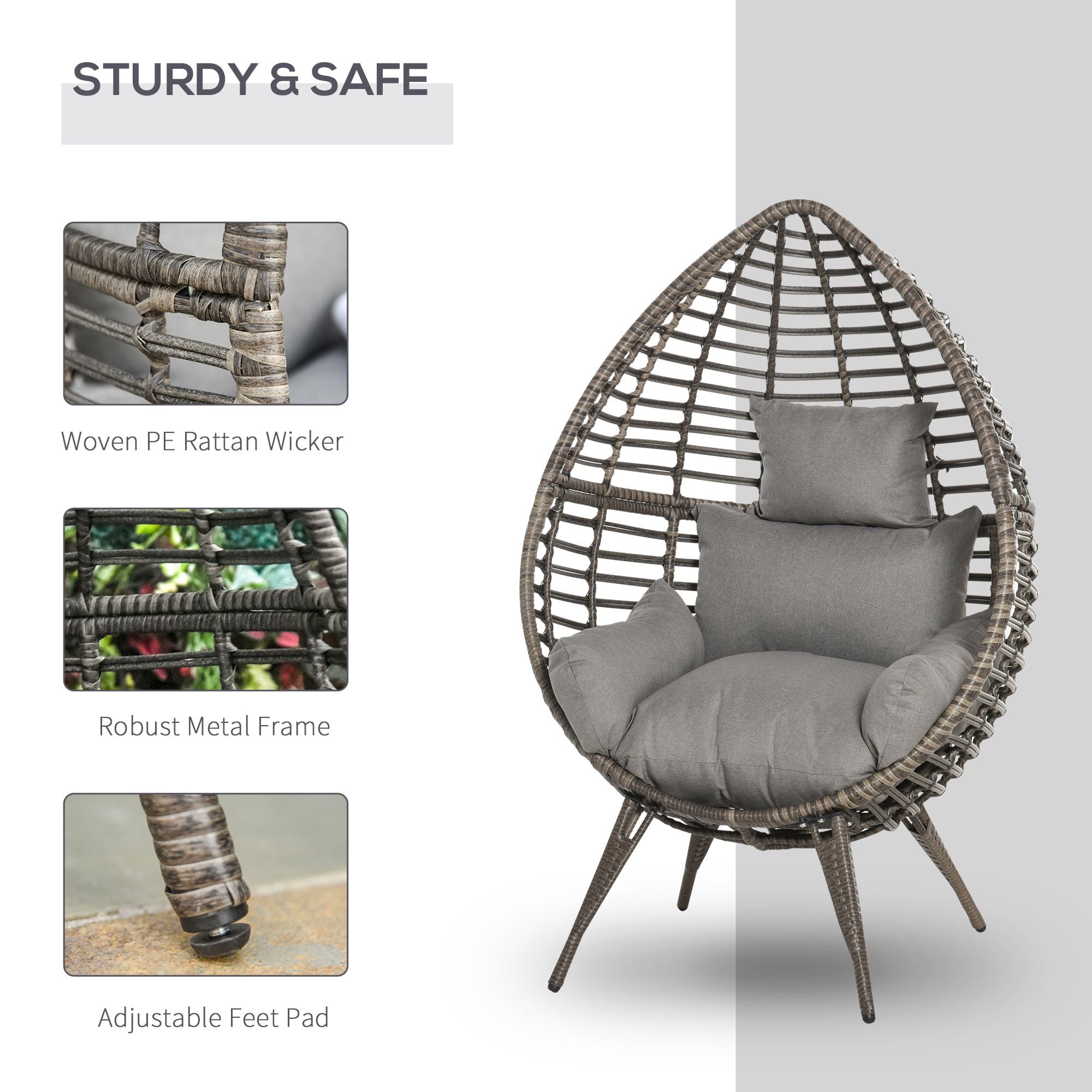 Outsunny Outdoor/Indoor Rattan Chair with Soft Cushion, Wicker Egg Lounge Chair for Backyard Garden Balcony Lawn, Grey