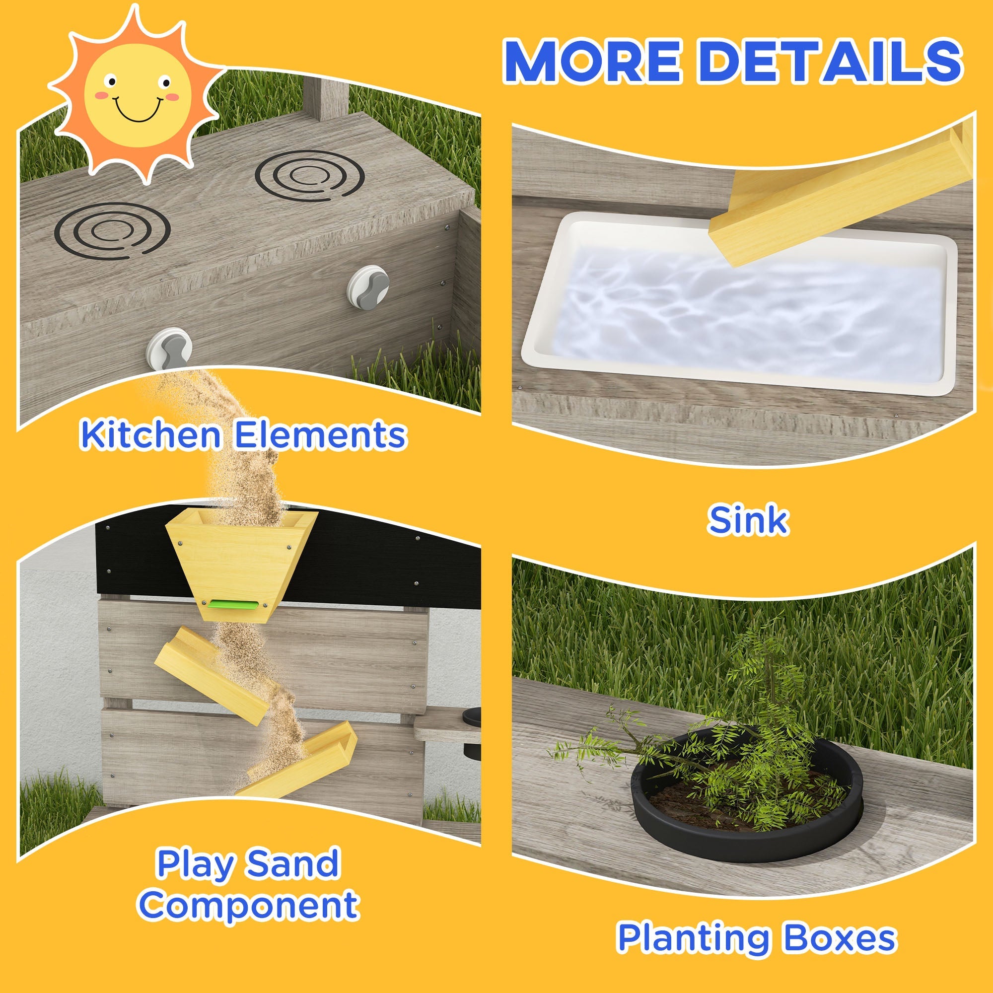 Outsunny Kids Wooden Sandbox with Protective Liner Kitchen Theme for Outdoor Garden Backyard Play