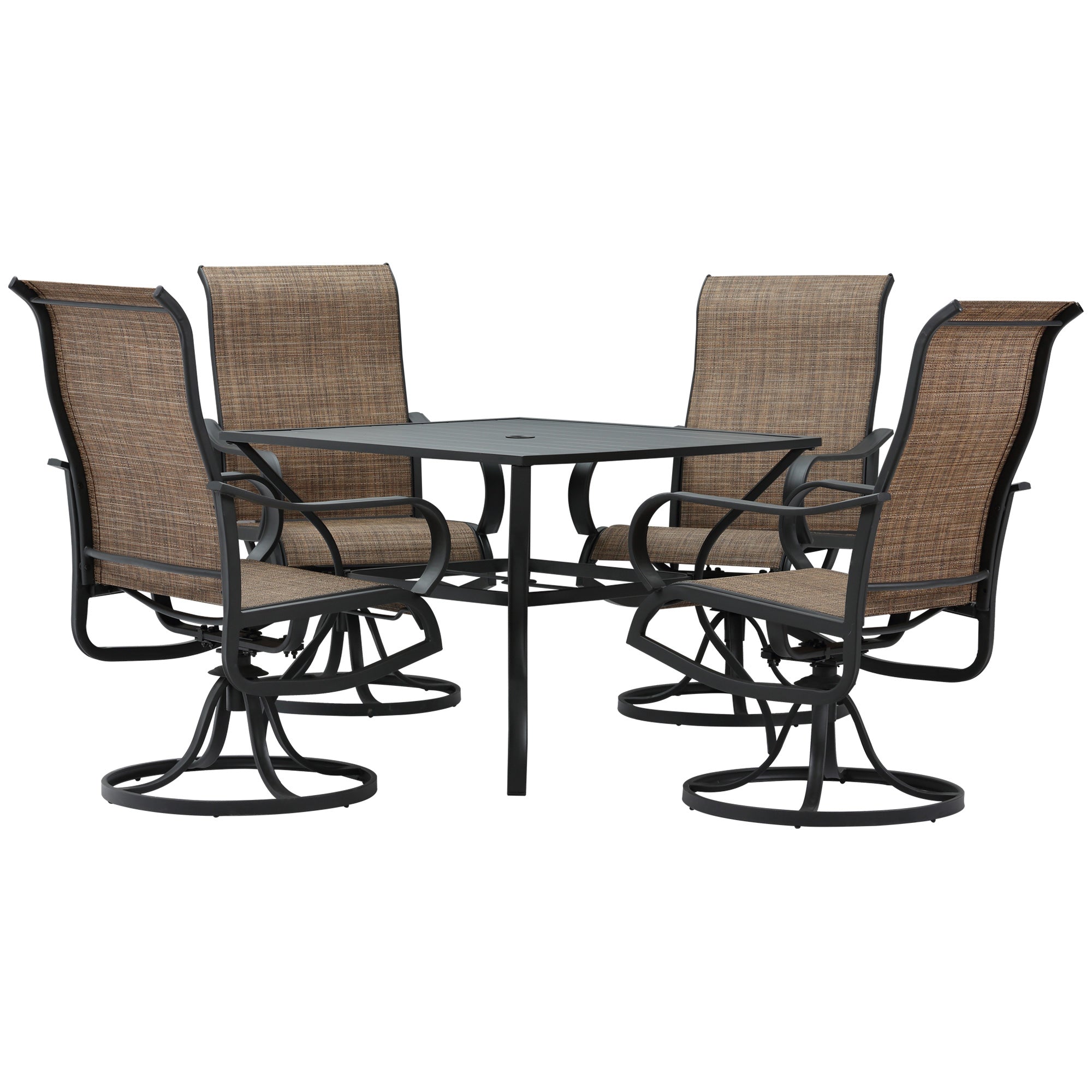 Outsunny 5-Piece Outdoor Patio Dining Set, 4 Swivel Rocker Chairs and 37" x 37" Dining Table Furniture Set with Umbrella Hole, Black
