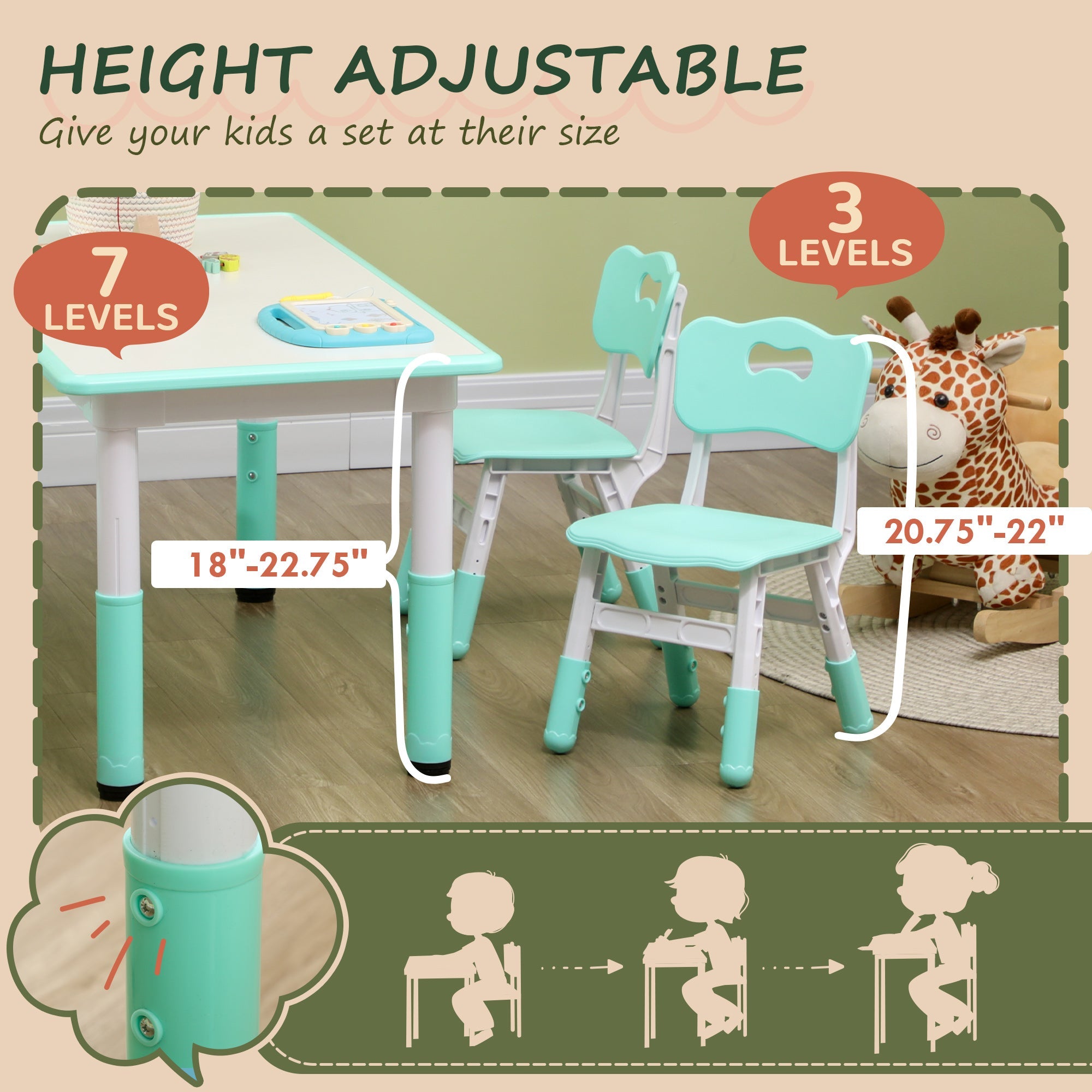 Qaba Kids Table & 4 Chair Set: Adjustable Height, Durable, Easy Clean for Toddlers in Green