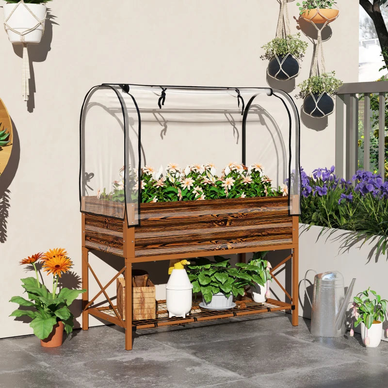Raised Garden Bed with Cover, Metal Elevated Planter Box with Bottom Shelf and Liner, Dark Brown Wood Effect