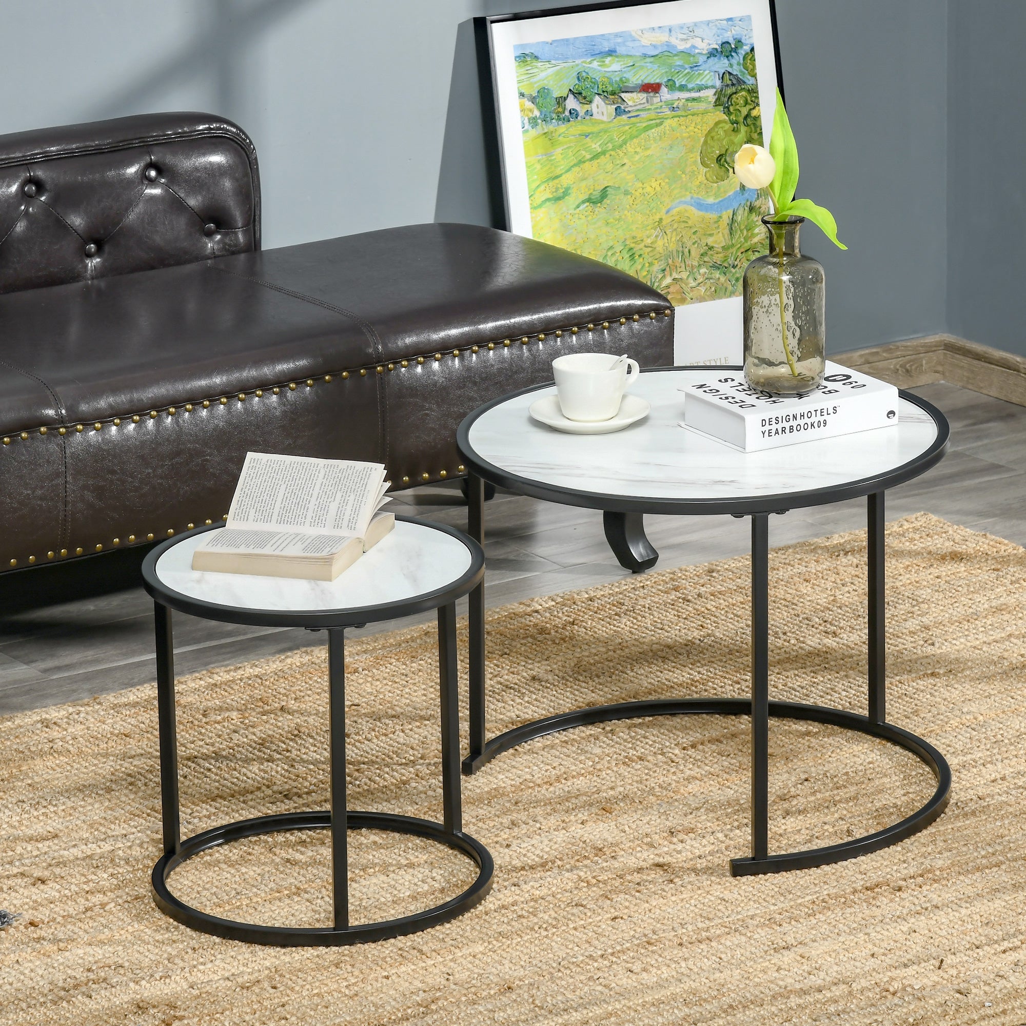 HOMCOM Round Nesting Coffee Table Set of 2 Stacking Modern Accent Tables Faux Marble Tabletop Metal Frame White