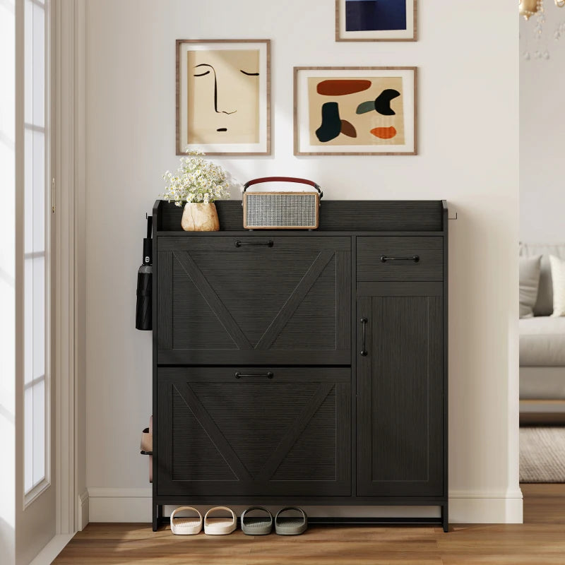 Farmhouse Shoe Storage Cabinet with Side Cabinet and Adjustable Shelves for Entryway, Hallway, Holds 12 Pairs, Black