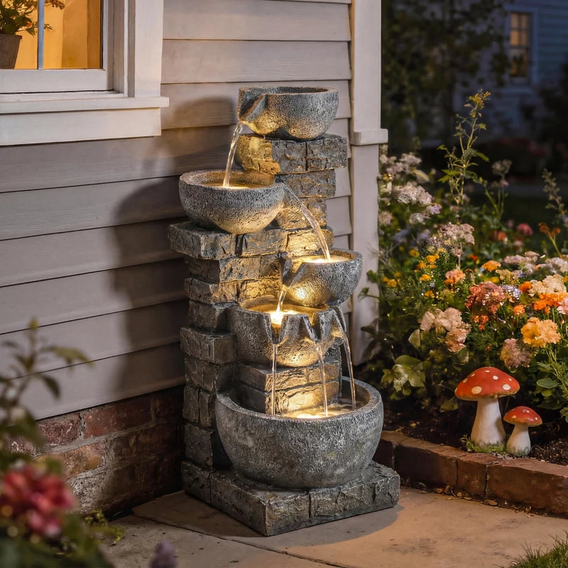 Outdoor 31.5" Tall Water Fountain with LED Lights, 5 Tiers Cascading Water Feature for Garden Patio Home Decor, Grey