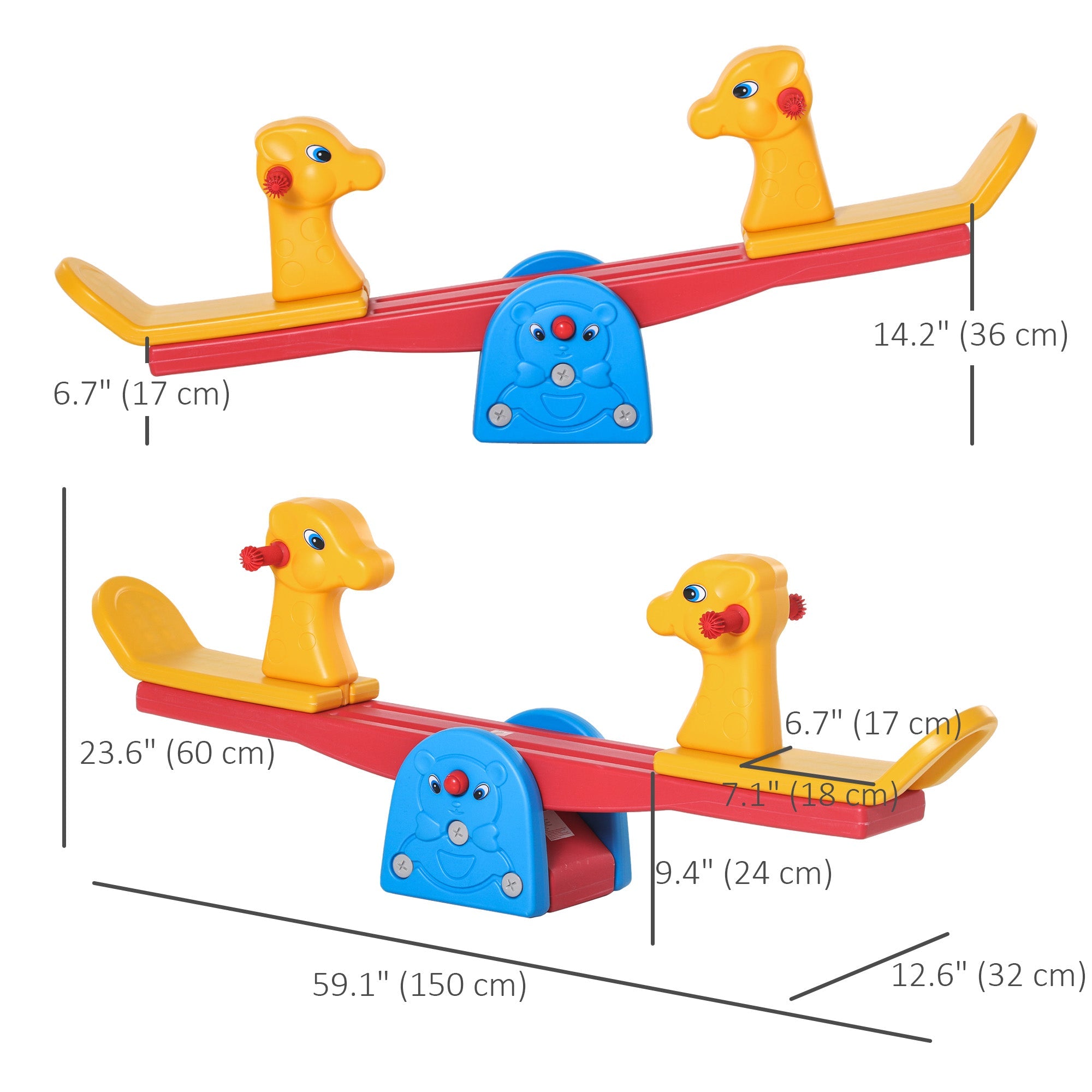Qaba Kids 2-seat Seesaw Safe Teeter Totter with Handles for Indoor Outdoor Playroom Backyard 1-4 Years Old