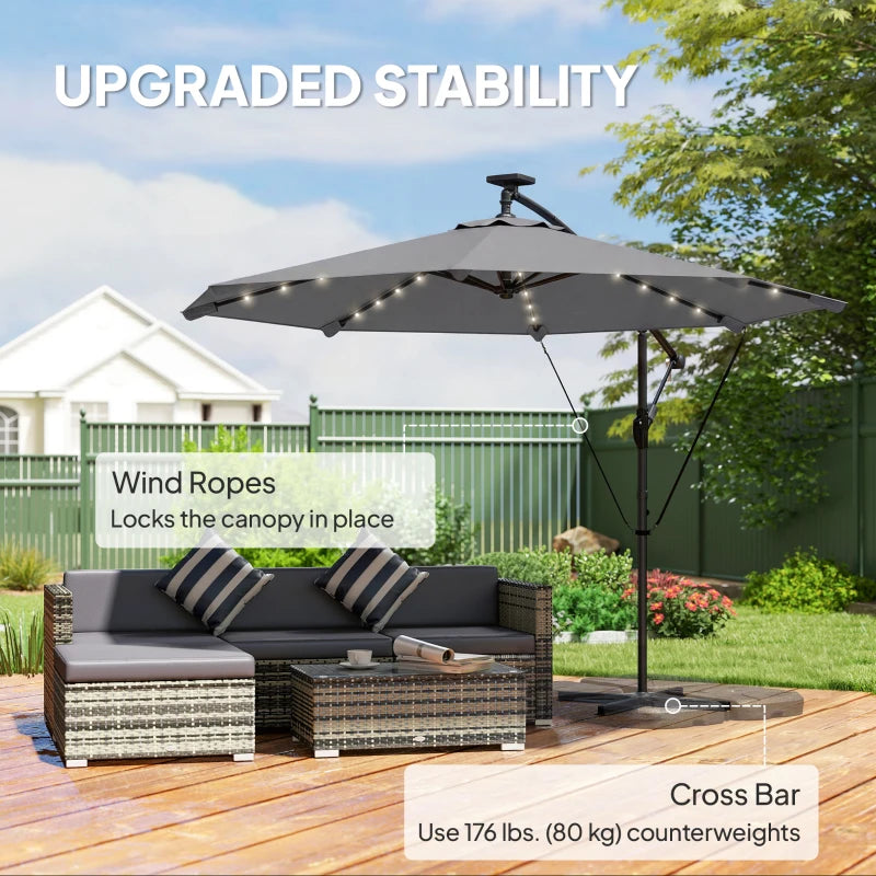 9.7ft Solar LED Cantilever Patio Umbrella with 32 LED Lights, Cross Base, Crank Handle, for Poolside, Deck, Dark Grey