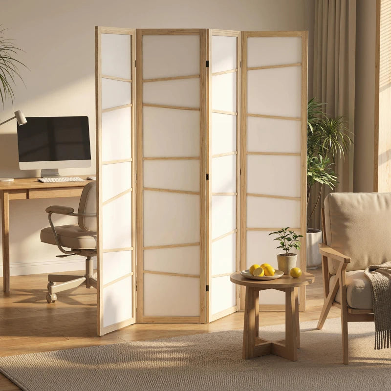 66.9" Folding Room Divider, 4 Panel Wall Partition with Wood Frame for Bedroom, Home Office, Natural Wood