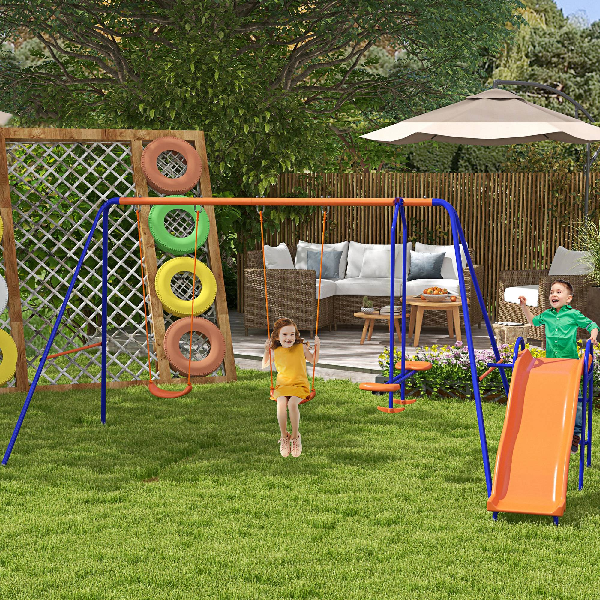 Outsunny 4 in 1 Colorful Metal Swing Set with Double Swings, Glider, Slide, Ladder for Fun Backyard Play