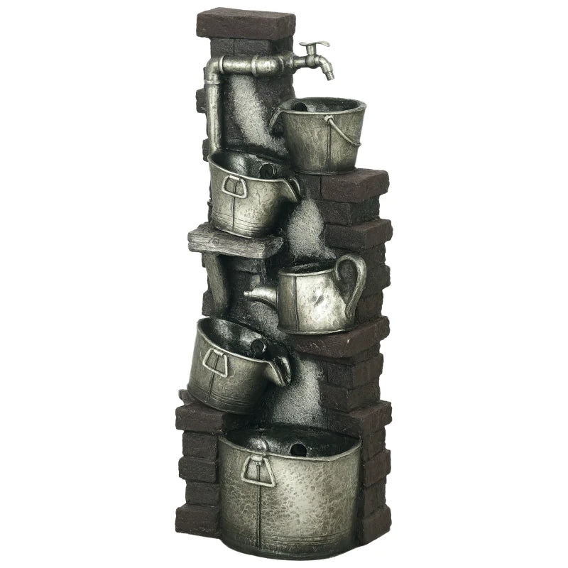 5-Tiered Faucet & Barrel Outdoor Water Fountain with LED Lights, Adjustable Flow, 39.4-inch Resin Waterfall Fountain
