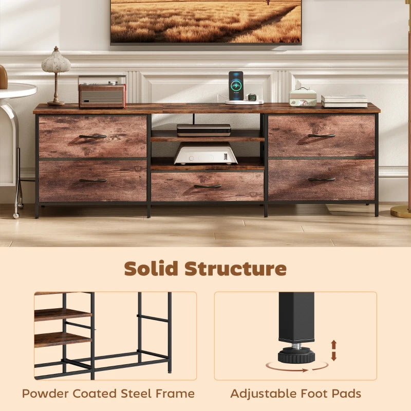 TV Stand for TVs up to 70 Inch, Industrial TV Console with Charging Station, 5 Drawers and Open Shelves, Rustic Brown