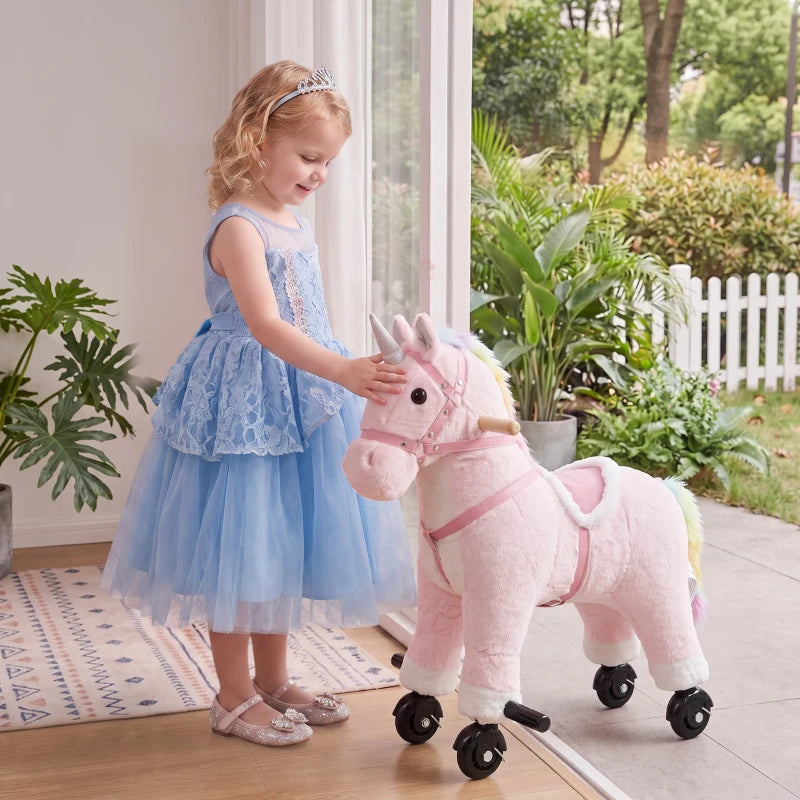 Pink Unicorn Ride-On Toy with Wheels, Sounds & Plush Design for Kids Ages 2–5