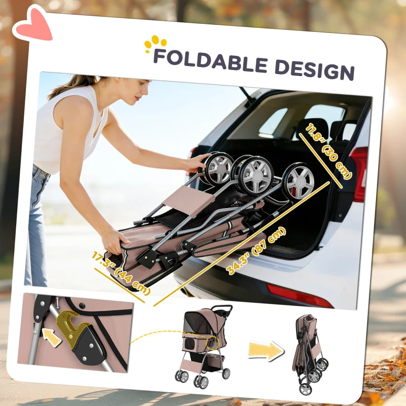 Pet Stroller for Dogs & Cats, Foldable Dog Stroller with Wheels, Reflective Strips, Brake, Pad and Basket, Coffee