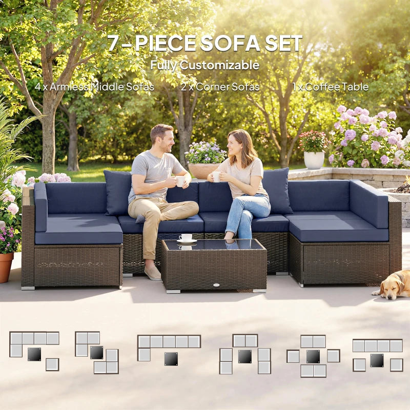 7pc Garden Wicker Sectional Set w/ Tea Table Patio Rattan Lounge Sofa Outdoor Deck Furniture Navy Blue