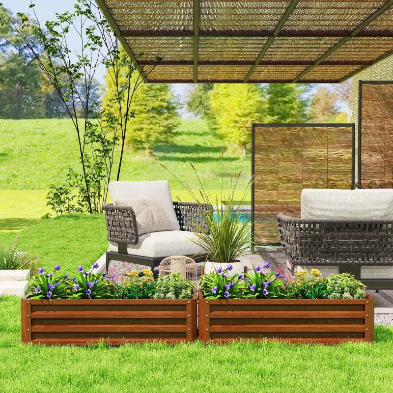 Galvanized Raised Garden Beds, Outdoor Planter Box, Set of 2, for Flowers, Herbs and Vegetables, Brown Wood Effect