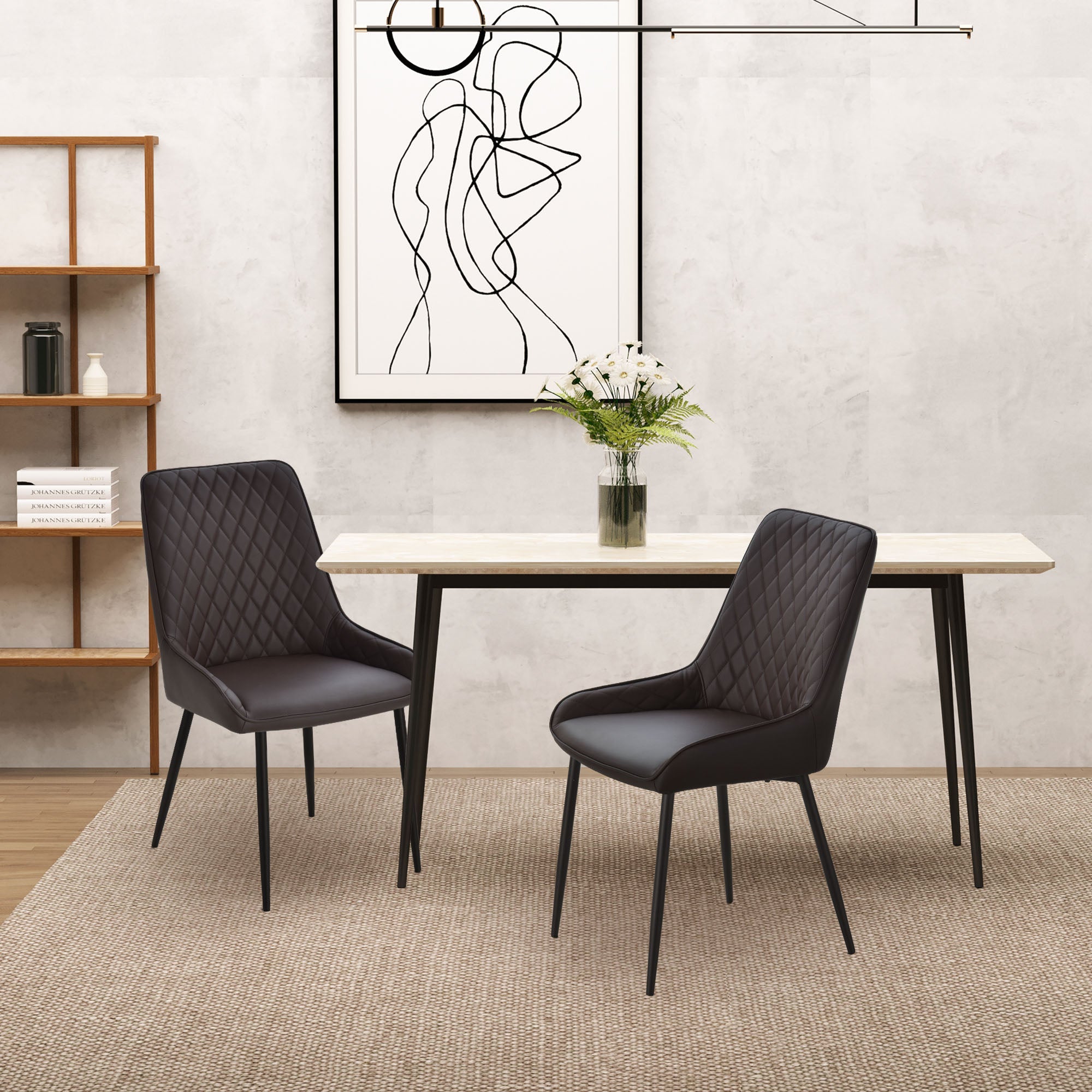 HOMCOM 2 Pack Mid Century Dining Chairs Brown PU Leather Padded Metal Legs Modern for Kitchen Home Office