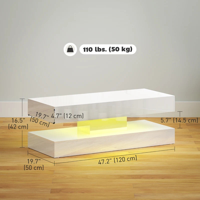 Coffee Table with Adjustable LED Lights, Modern Living Room Table with 2 Drawers, Open Shelf, Remote, High Gloss White