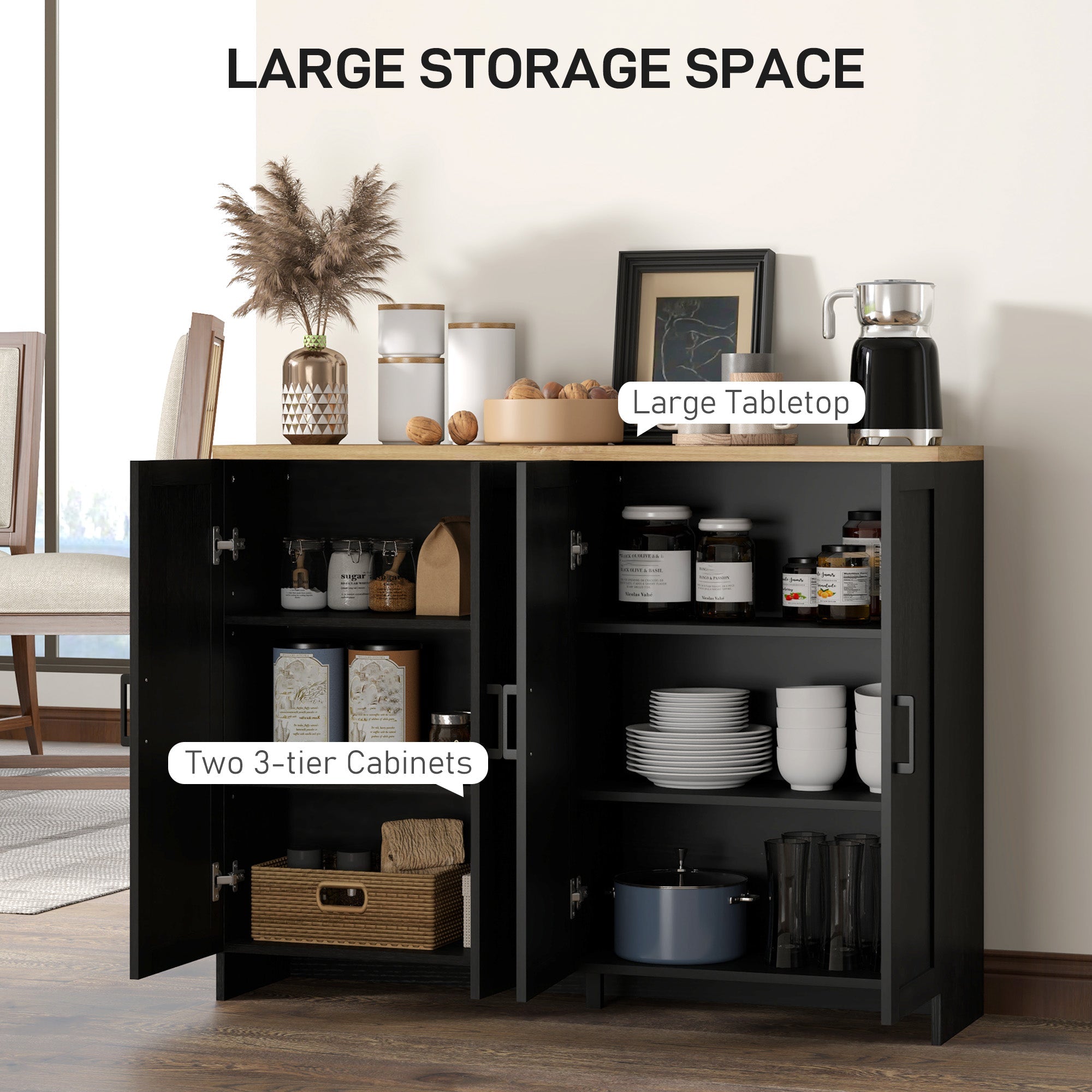 HOMCOM Modern Sideboard Buffet Cabinet, Modern Kitchen Storage Cabinet with 4 Doors Adjustable Shelves, for Dining Room, Black