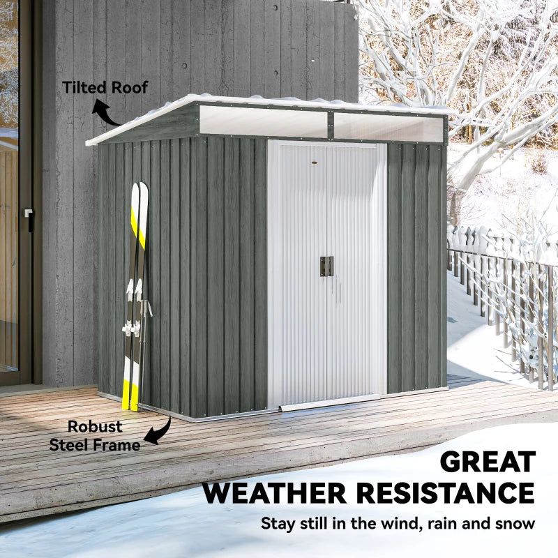 6.5x4FT Galvanised Metal Shed with Foundation Kit, Lockable Garden Tool Storage House with Sliding Doors, Vents, Grey