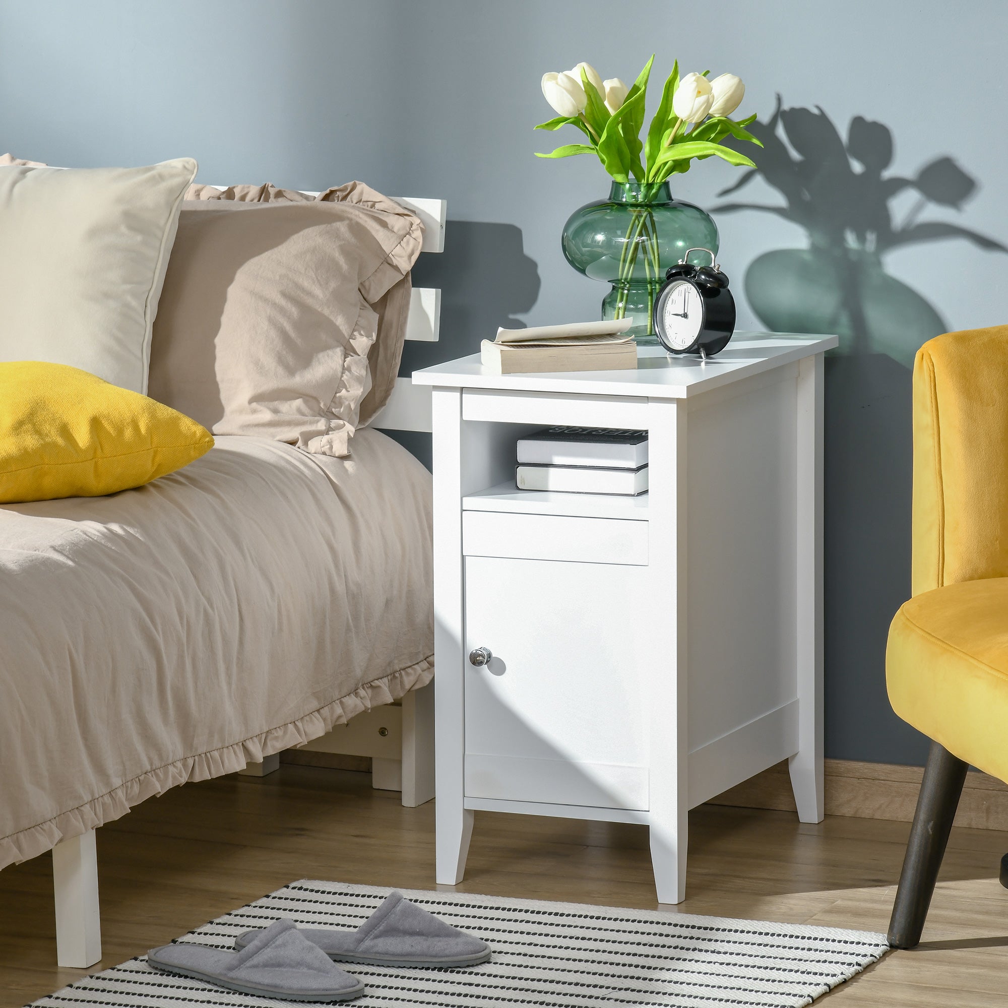 HOMCOM Chic Side Table: Accent End Table with Open Shelf and Cupboard, Sofa Side Table with Storage for Living Room, Crisp White