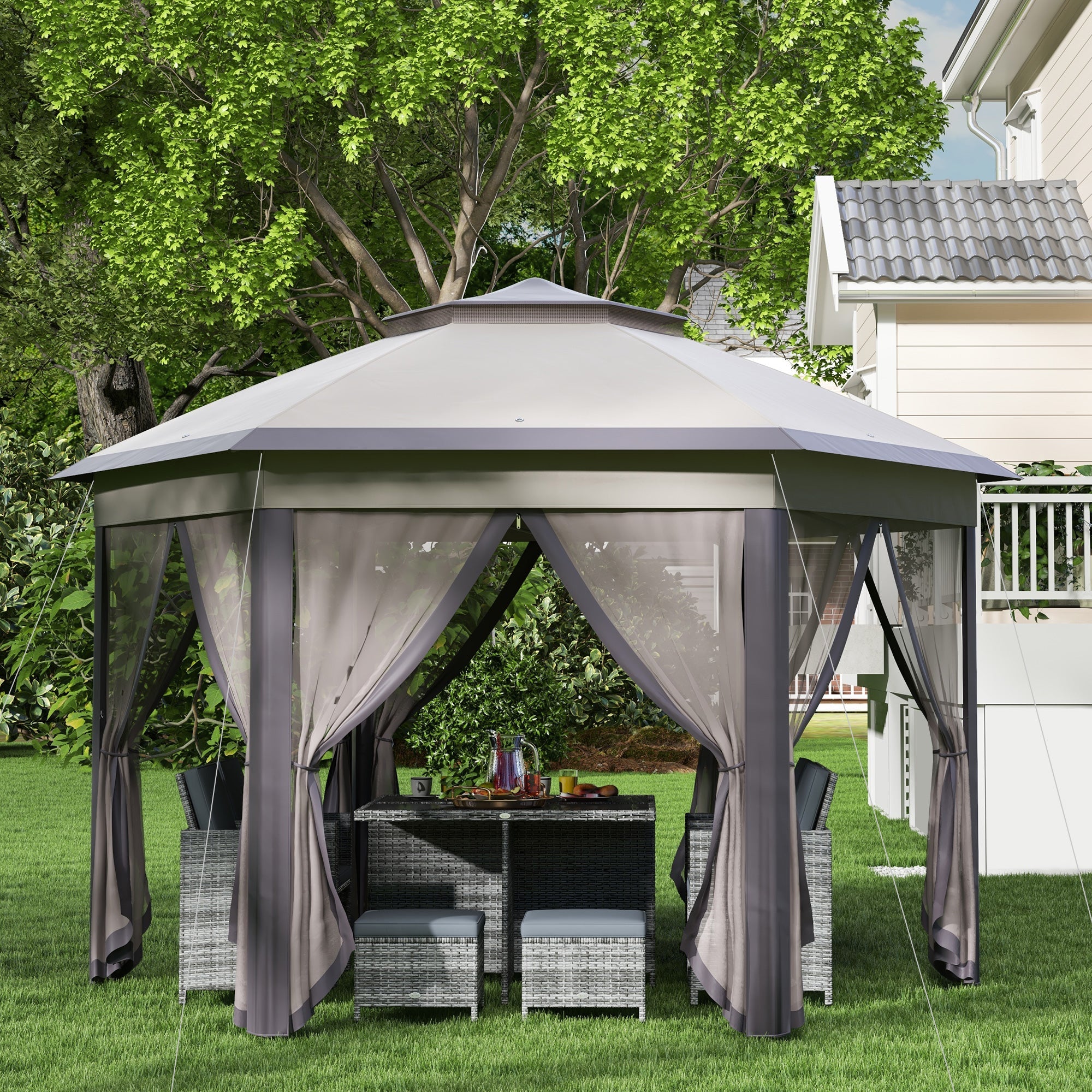 Outsunny Pop Up Patio Gazebo 13'x13', Double Roof Hexagon, Instant Outdoor Shelter with Netting, Coffee/Beige