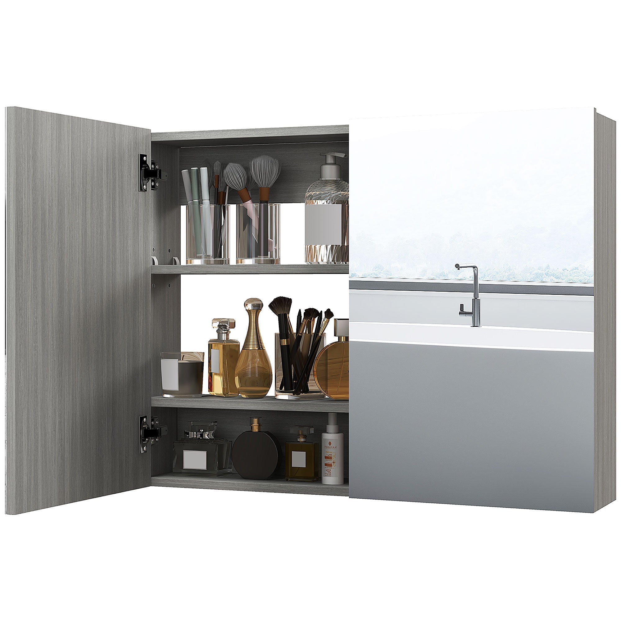 HOMCOM Wall-Mounted Bathroom Mirror Cabinet Double Door Storage Organizer Adjustable Shelf Grey