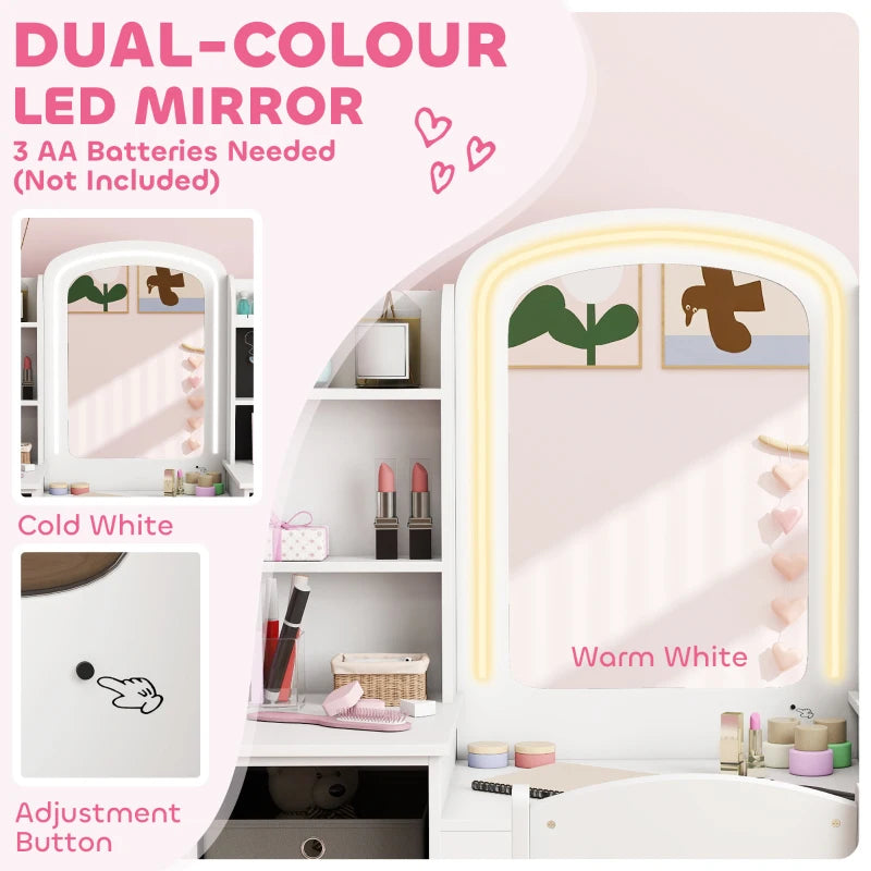 Qaba Kids Vanity Table and Chair Set, Toddler Dressing Table and Chair Set with Lighted Mirror and Storage Space for Little Girls, White