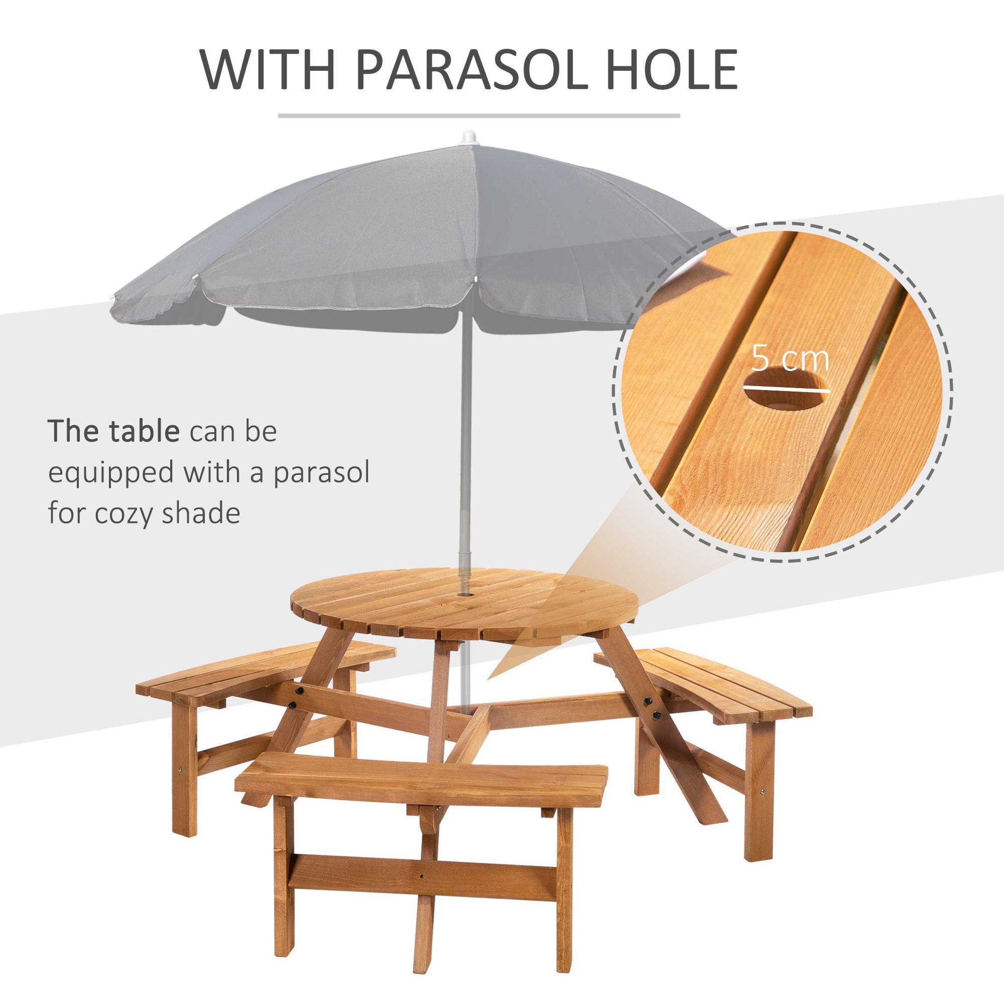 Outsunny Wood Patio 6 Person Round Picnic Table Bench Set with Umbrella Hole for Backyard Brown
