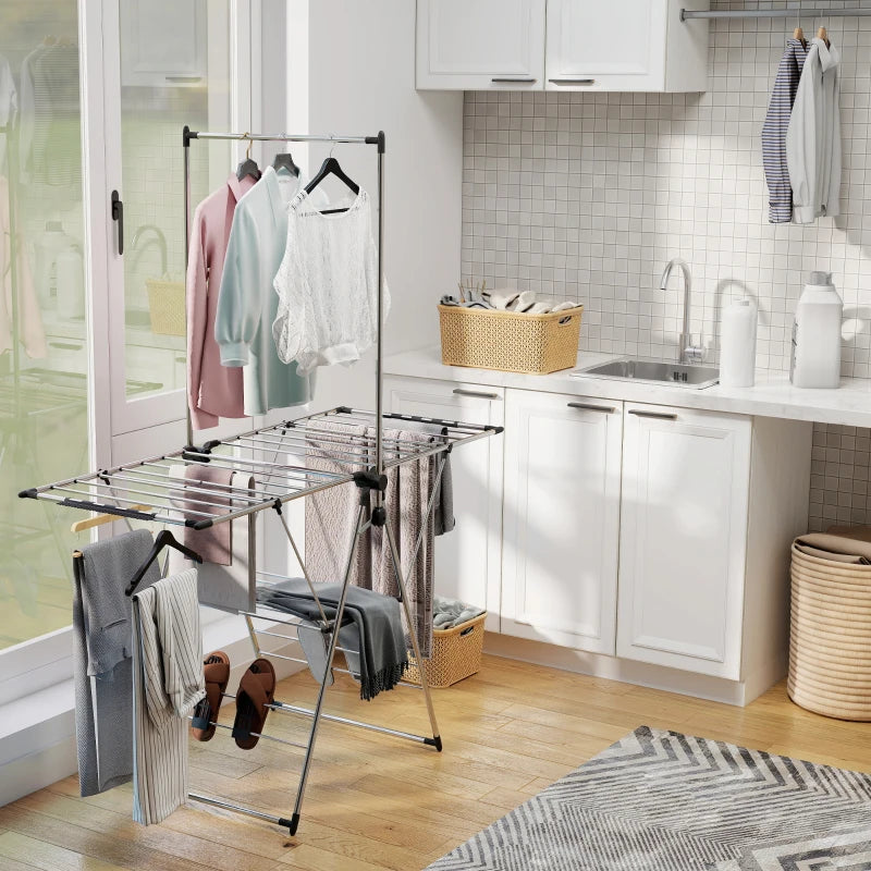 Clothes Drying Rack, Foldable Stainless Steel Laundry Drying Rack with Adjustable Gullwings and Shoe Holders, Silver
