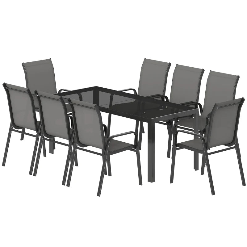 9 Pieces Patio Set with Stackable Chairs, Patio Dining Set with Glass Top for Garden, Patio, Backyard, Dark Grey