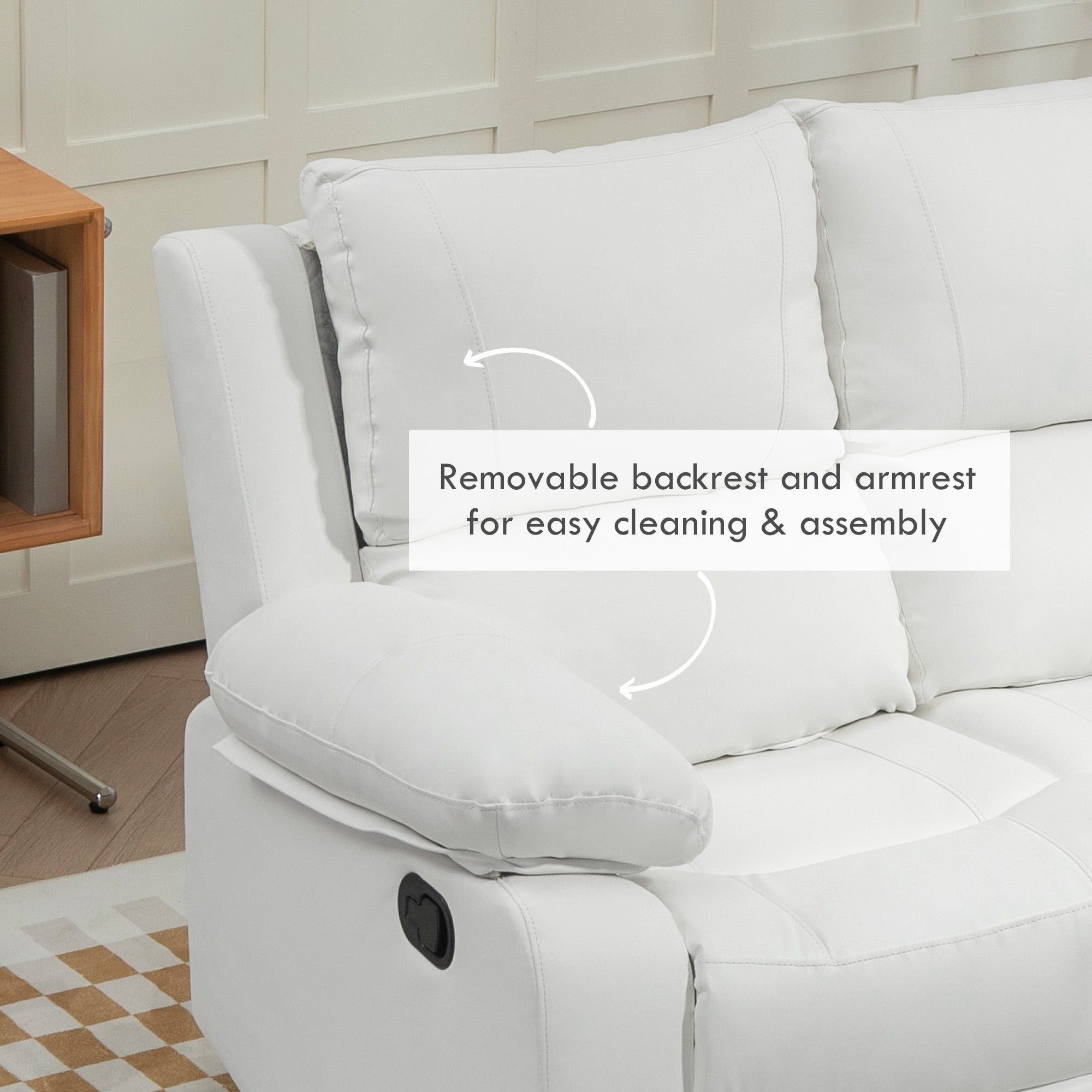 HOMCOM PU Leather Manual Recliner Sofa, Double Reclining Loveseat with Pullback Control Footrest for Living Room, White