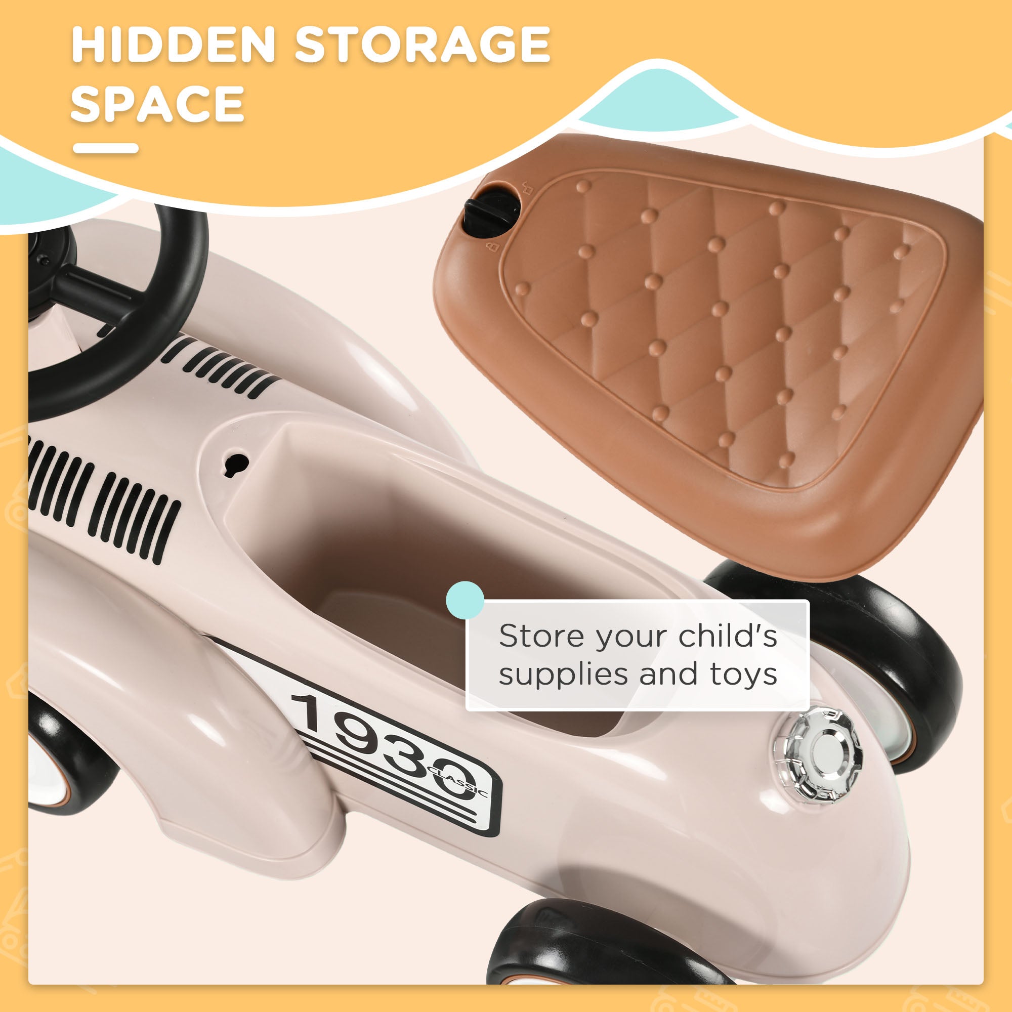Aosom Kids Ride On Push Car Classic Car Toddlers Foot Slider Under Seat Storage 12-36 Months Cream White Toy