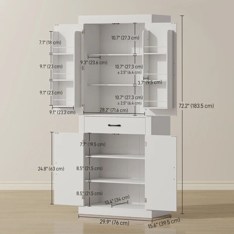 72" Kitchen Pantry Cabinet, Farmhouse Kitchen Storage Cabinet with 4 Barn Doors, 6 Door Shelves, Drawer, White