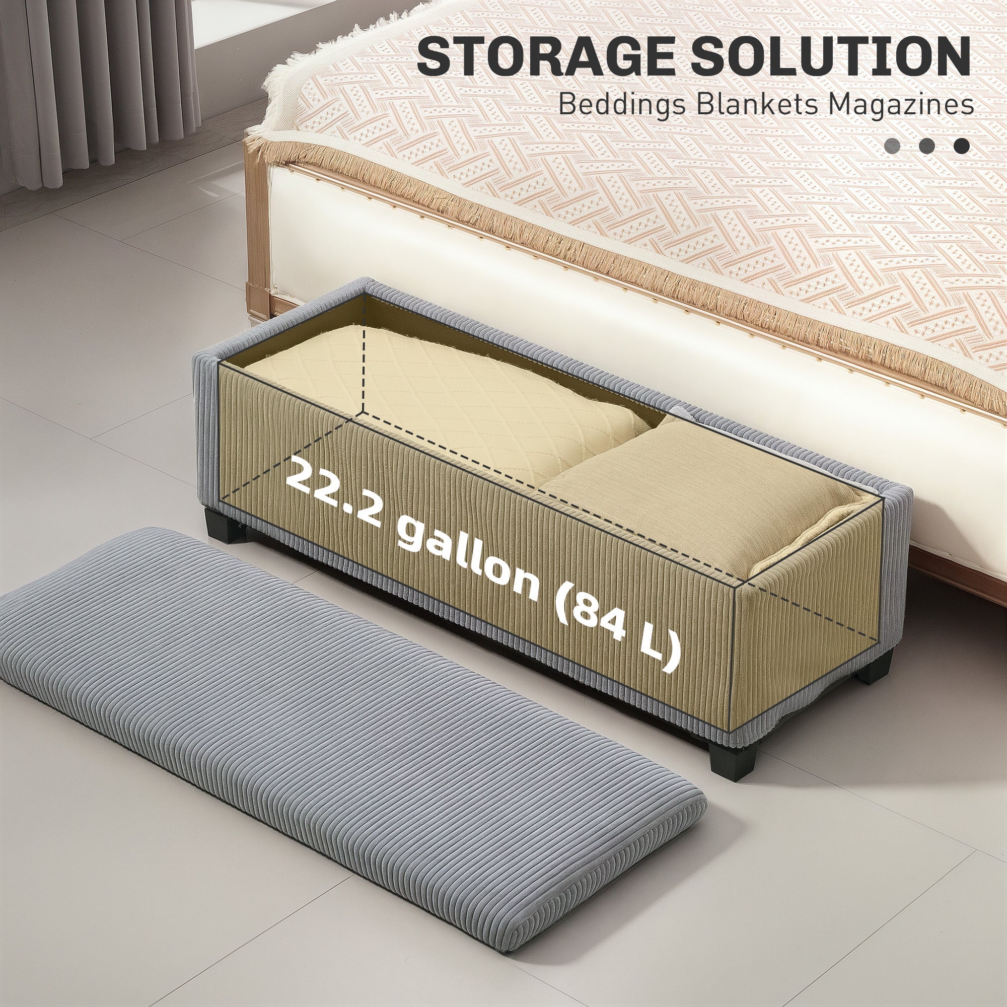 HOMCOM 44 Inches Ottoman with Storage, Lid, Legs, Corduroy End of Bed Bench for Living Room, Bedroom, Entryway, Light Grey