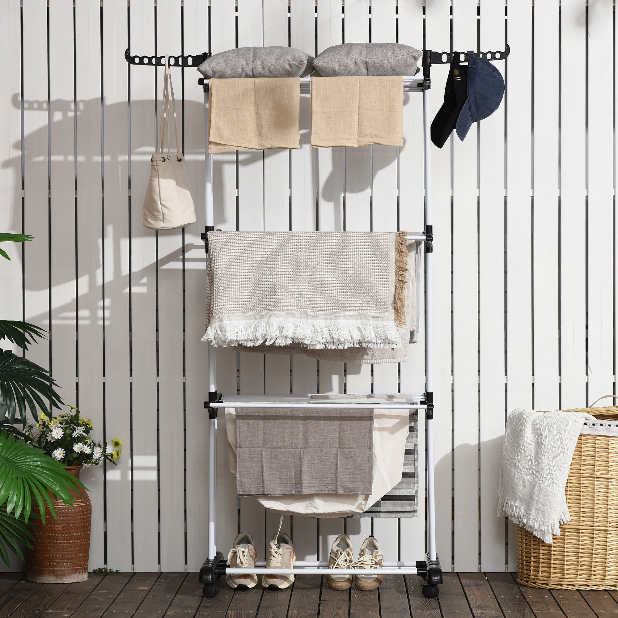HOMCOM 4-Tier Foldable Clothes Drying Rack with Side Wings & Castors Steel Laundry Rack for Indoor/Outdoor Use Black