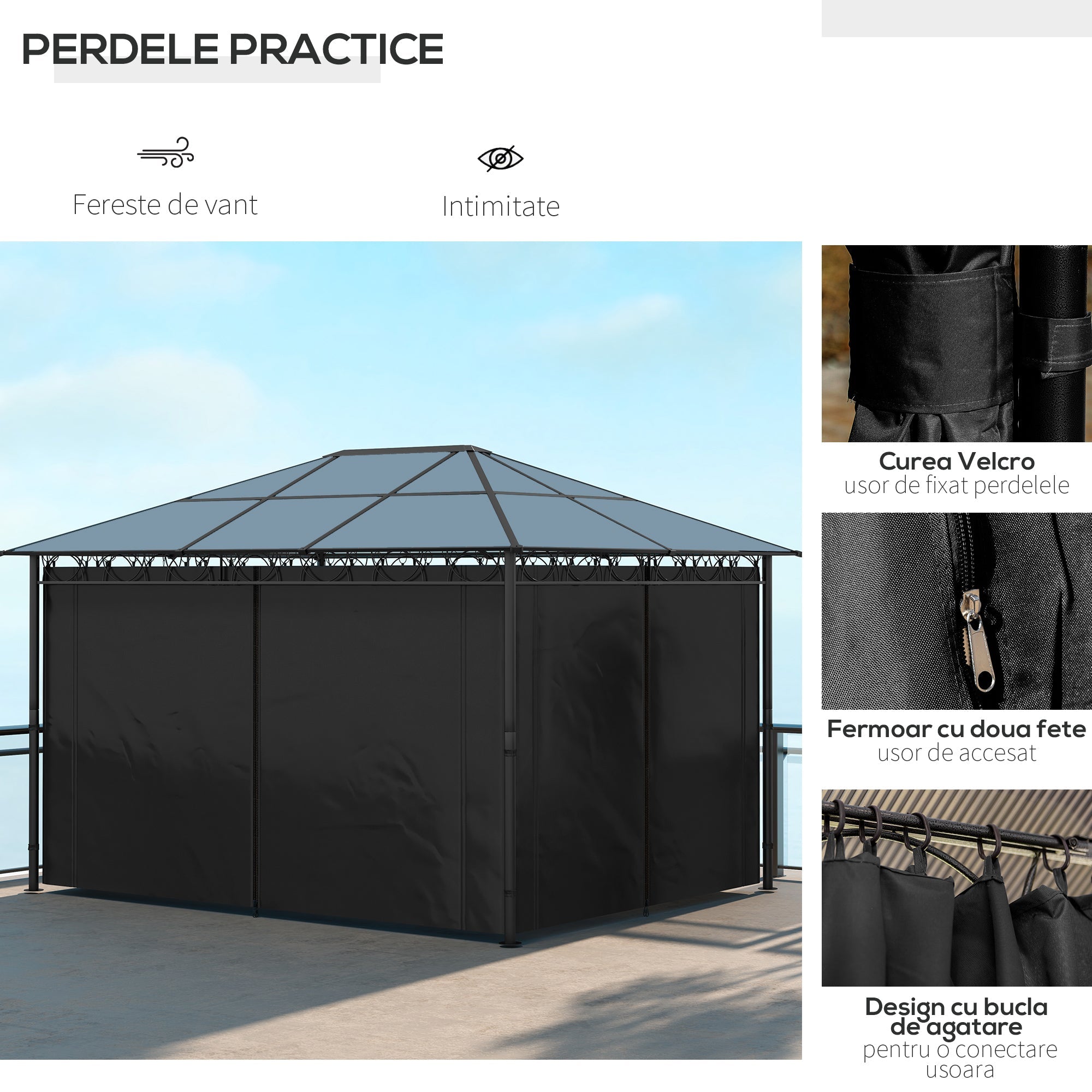 Outsunny 10' x 10' Polycarbonate Hardtop Gazebo Canopy, Outdoor Patio Gazebo with Aluminum Frame & Curtains, Dark Grey