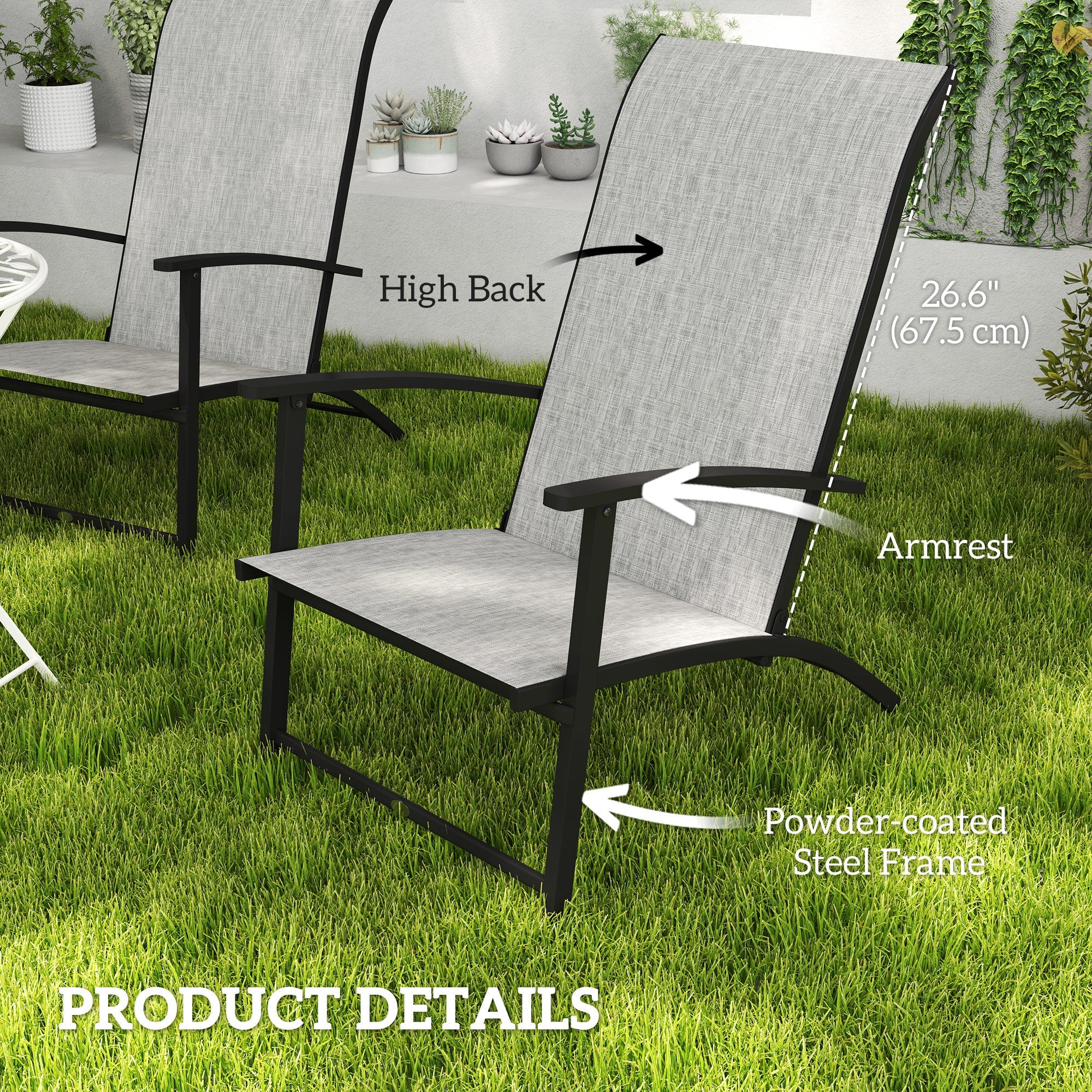 Outsunny Set of 2 Folding Lawn Chairs, Outdoor Folding Chairs with Armrests, High Backrest for Backyard Balcony, Grey