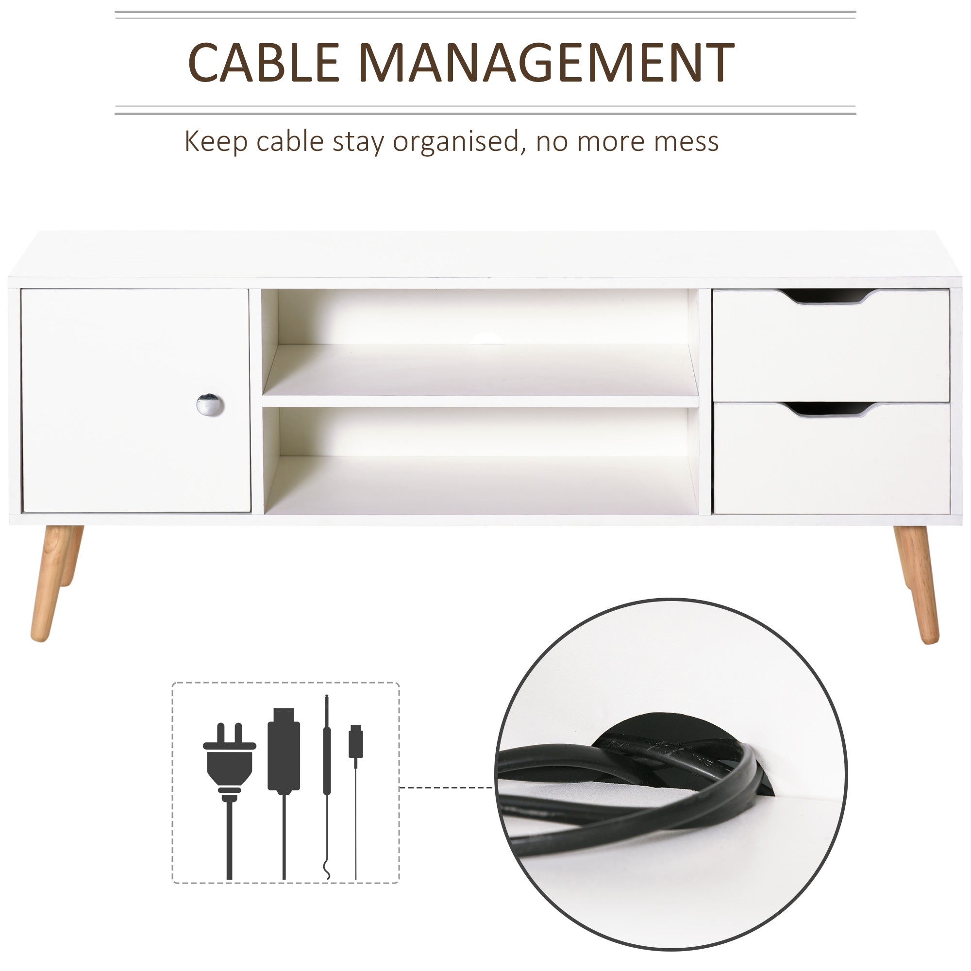 HOMCOM TV Cabinet: For up to 50" TVs, Shelves, Drawers, Cable Hole, White Entertainment Unit, Living Room