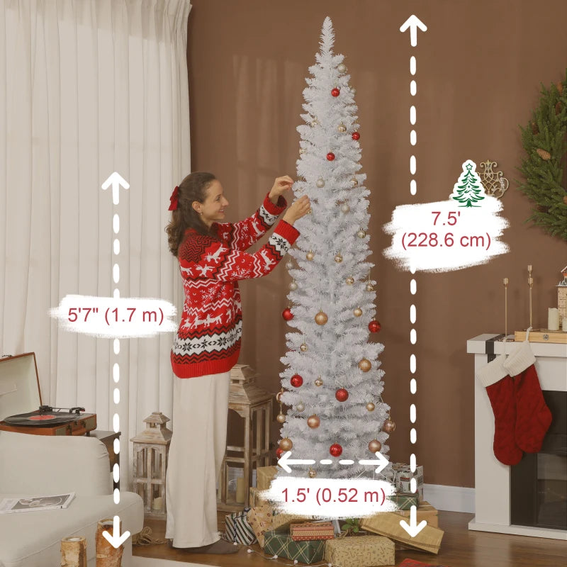 7.5ft Christmas Tree with Colourful DIY Synchronized LEDs, Hinged Pencil Xmas Tree with Remote, Daily Timer, White