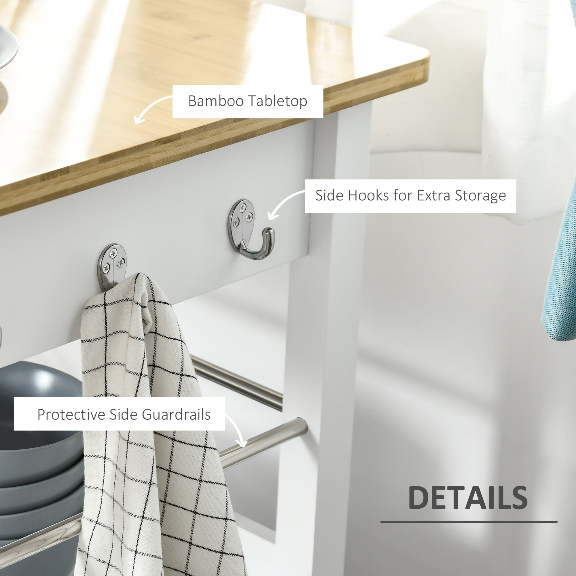 HOMCOM White Mobile Utility Trolley: Kitchen Island Cart with Drawer, Side Hooks & Dining Room Storage