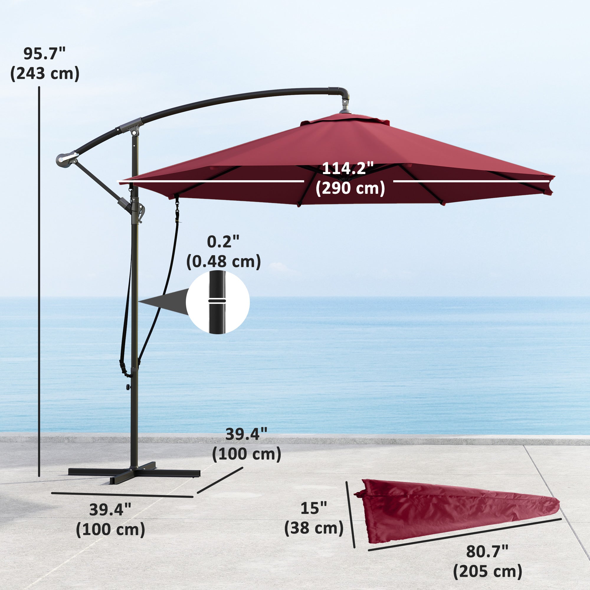 Outsunny 9.5' Cantilever Umbrella with Wind Protection Strap and Cover, Hanging Umbrella with Crank and Cross Base, UPF 50+, Red