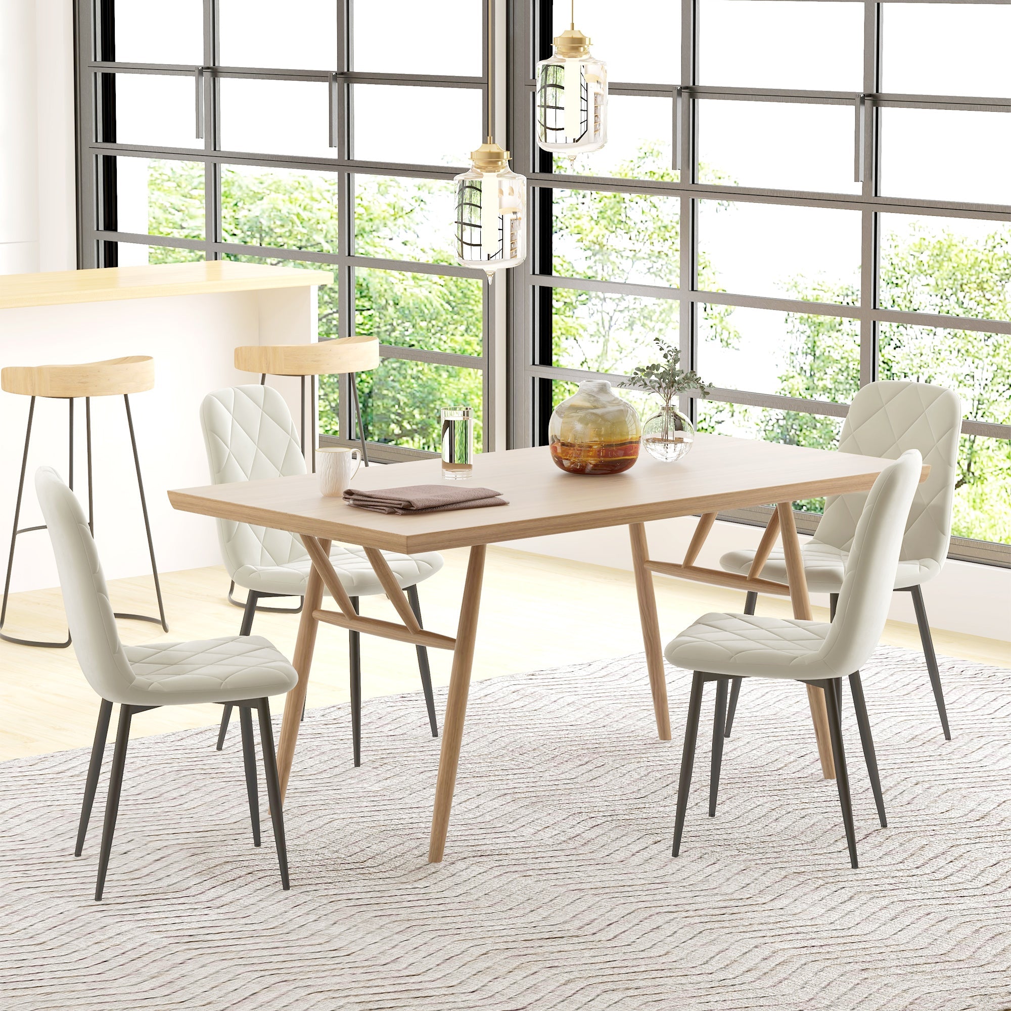 HOMCOM Set of 4 Upholstered Dining Room Chairs with Steel Legs Modern Kitchen Chairs Cream