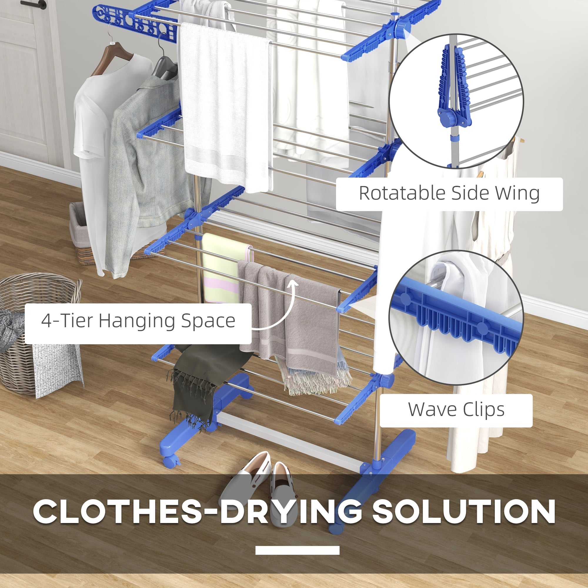 HOMCOM Garment Drying Rack Stainless Steel Folding Clothes Hanging Rack with Side Wings Castors for Indoor Outdoor Blue