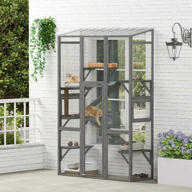 Wooden Catio Outdoor Cat Enclosure with 6 Jumping Platforms, Scratching Post, 2 Ramps, Waterproof Roof, Grey